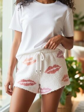 POL white fuzzy knit lounge shorts with lip prints and a drawstring waistband